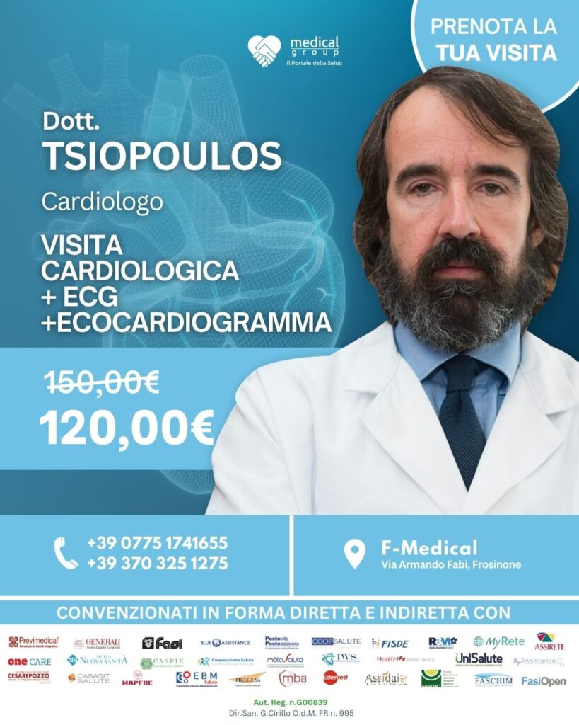 Tariffa del Professor Vasileios Tsiopoulos VISITA-CADIOLOGICA-ECG-ECOCARDIOGRAMMA nel F-Medical Group di Frosinone