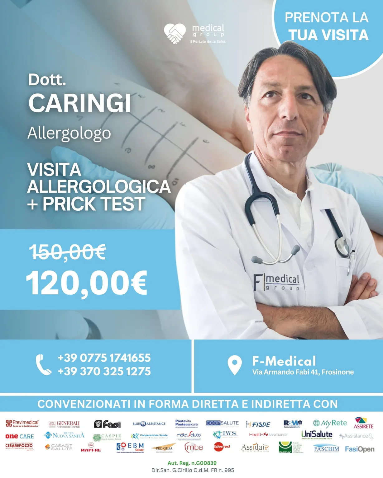 Tariffe del Mese Settembre 2023 Poliambulatorio Visita Allergologica + Prick Test Caringi 120 euro F-Medical Frosinone