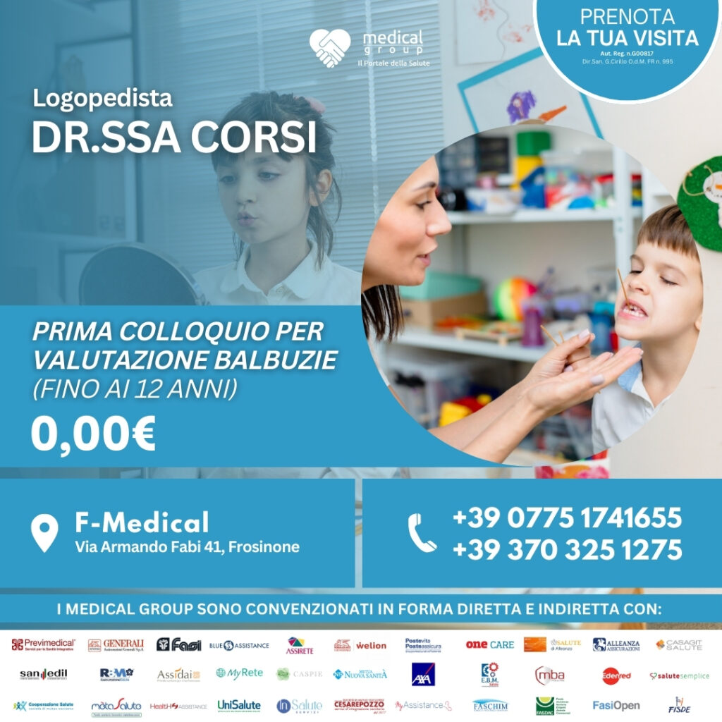 Tariffe del Mese Poliambulatorio Pediatrico F-Medical Frosinone PRIMA COLLOQUIO PER VALUTAZIONE BALBUZIE (fino ai 12 anni) DOTT.SSA CORSI