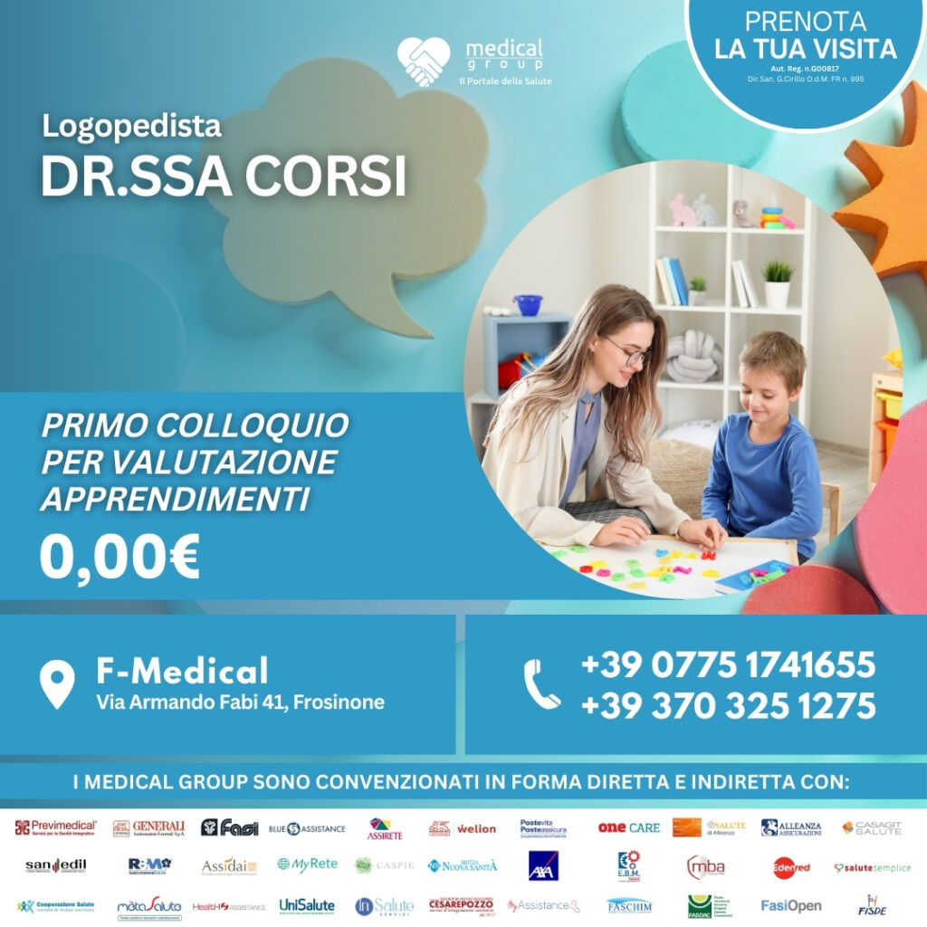 Tariffe del Mese Poliambulatorio Pediatrico F-Medical Frosinone PRIMo COLLOQUIO PER VALUTAZIONE apprendimenti DOTT.SSA CORSI